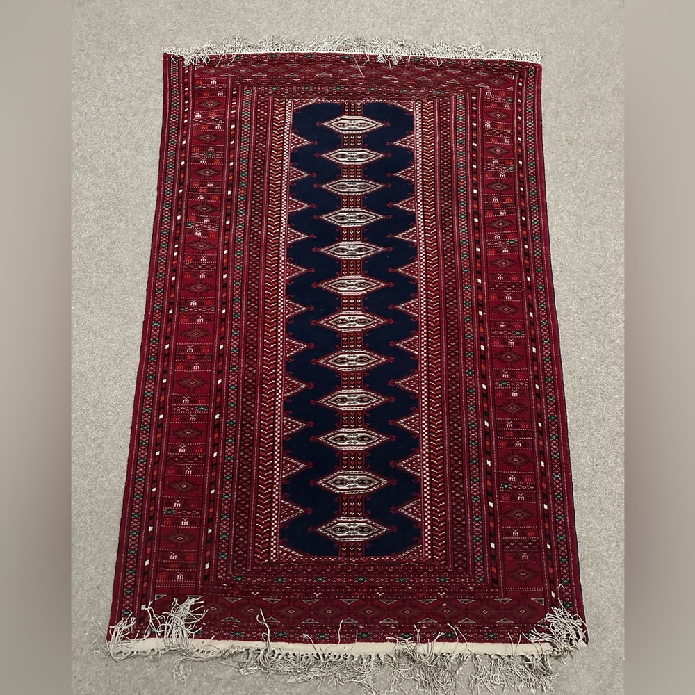 Persian Hand-Knotted Torkaman Bokara Wool & Silk Red Rug